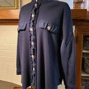 Beautifully Detailed Blue Waffle Knit Cardigan Shirt Jacket Layering Top Size L